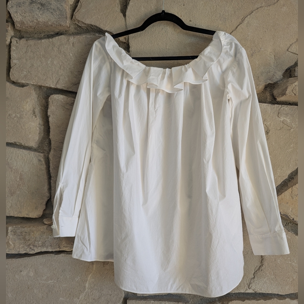 Jil Sander Navy Off-the-Shoulder Tunic Blouse In White Cotton Batiste